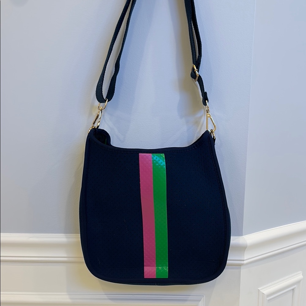 Blue and Pink Neoprene Crossbody Bag with Adjustable Strap